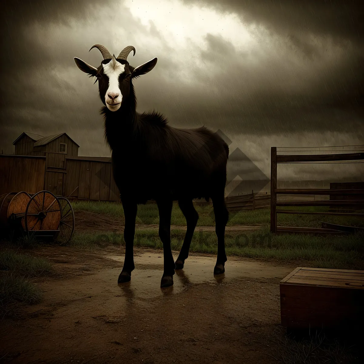 Picture of Wild Stallion Grazing in Sunset-Filled Ranch Pen