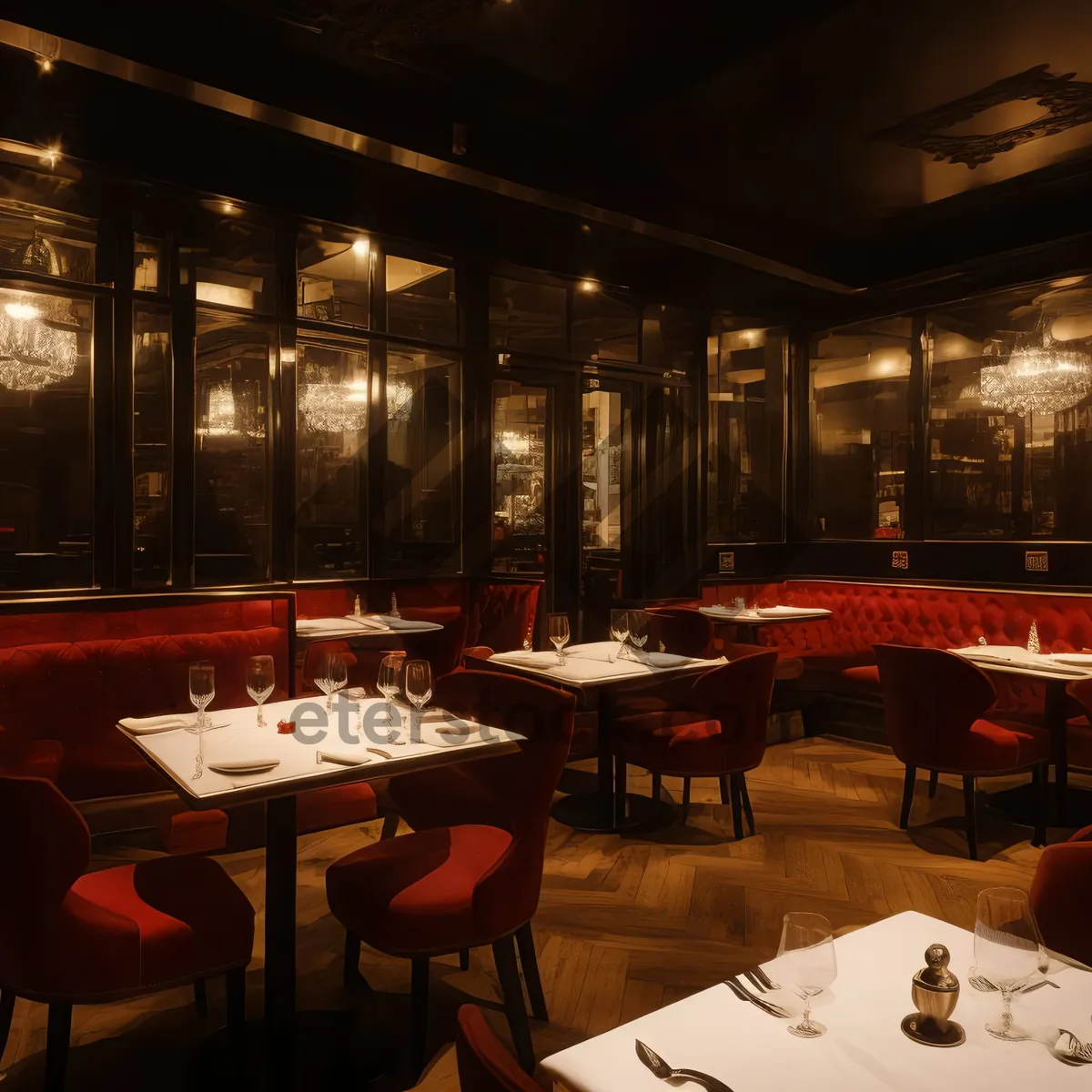 Picture of Modern restaurant dining hall interior design with wooden chairs