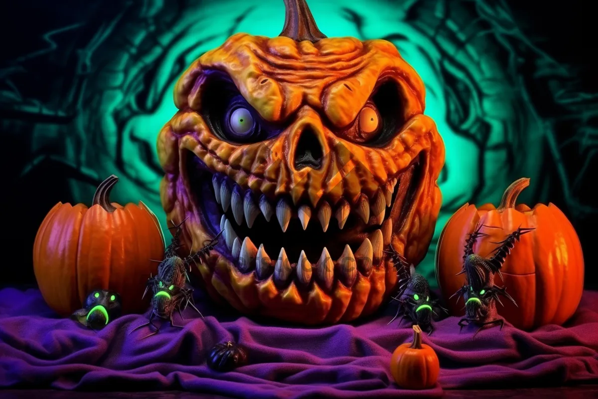 Picture of Halloween pumpkin lantern decoration in dark night