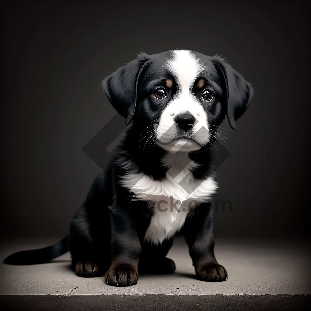 Picture of Adorable Black Puppy with Collar Sitting in Studio