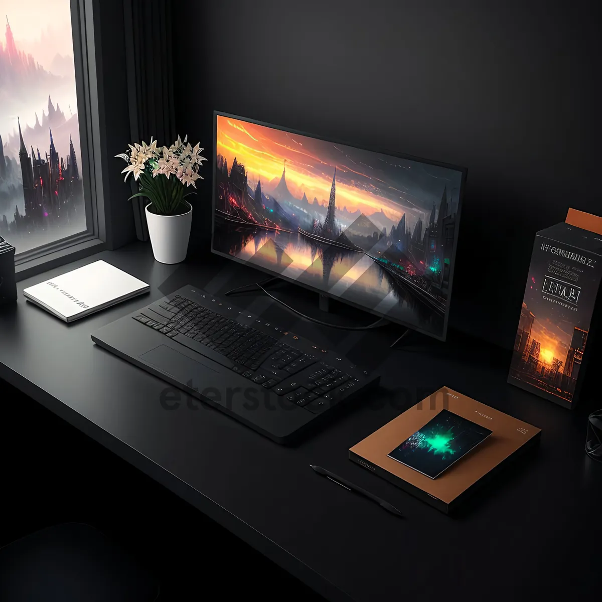 Picture of Modern Office Setup with Desktop Computer and Monitor