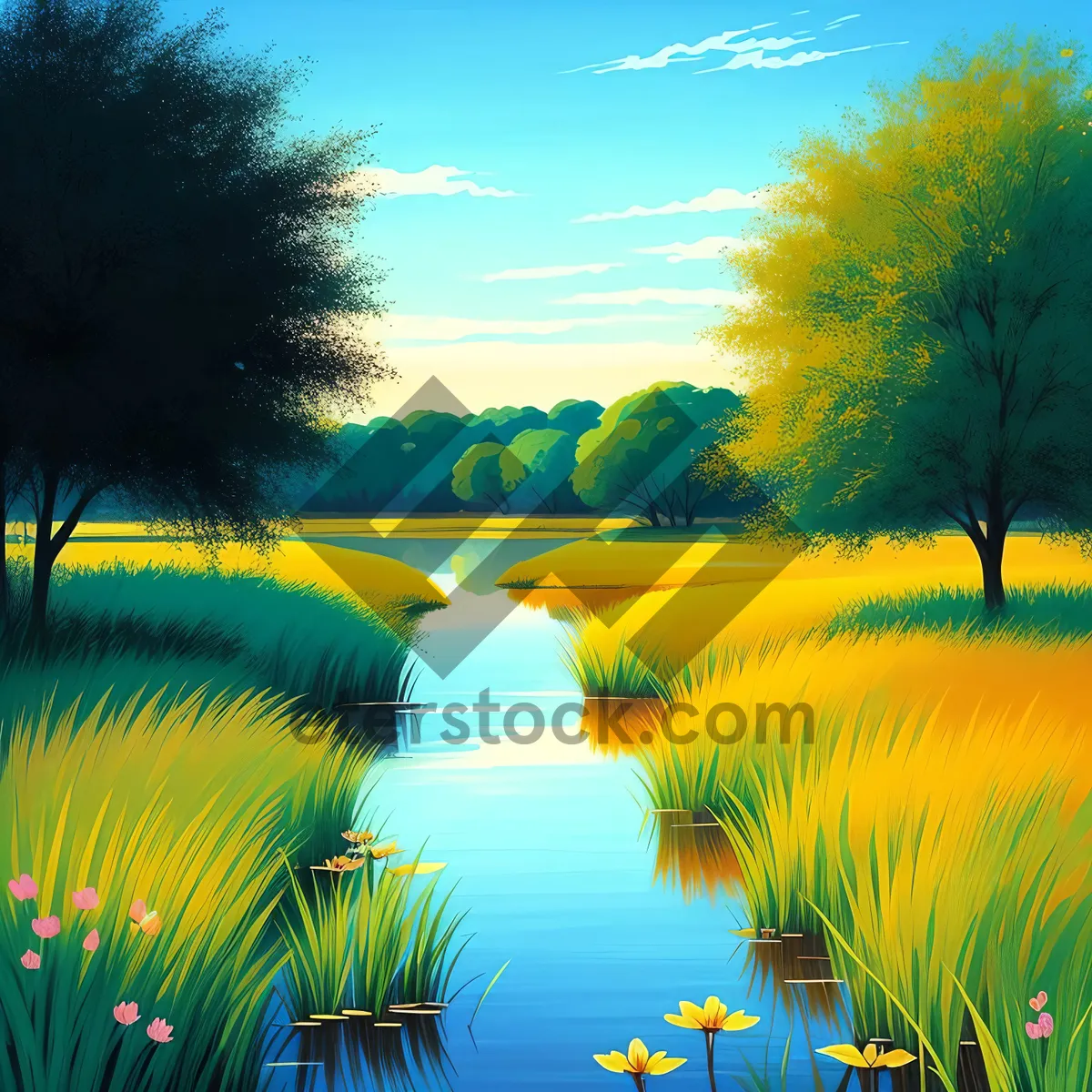 Picture of Vibrant Summer Sunset over Lush Meadow and Rolling Hills