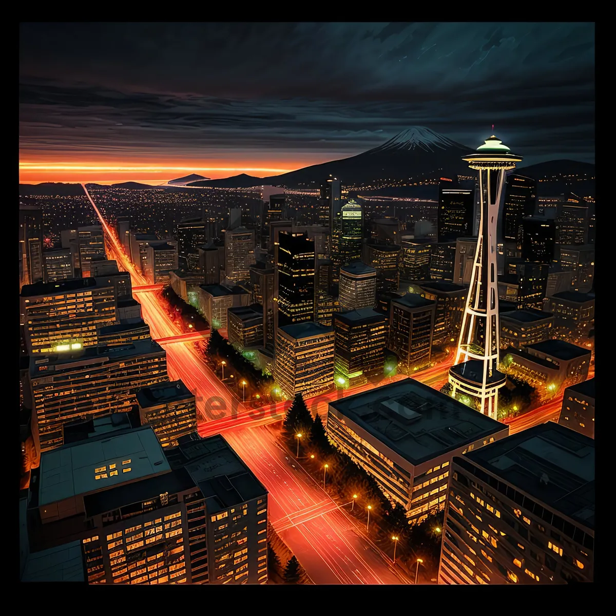 Picture of Nighttime Skyline with Towering Skyscrapers