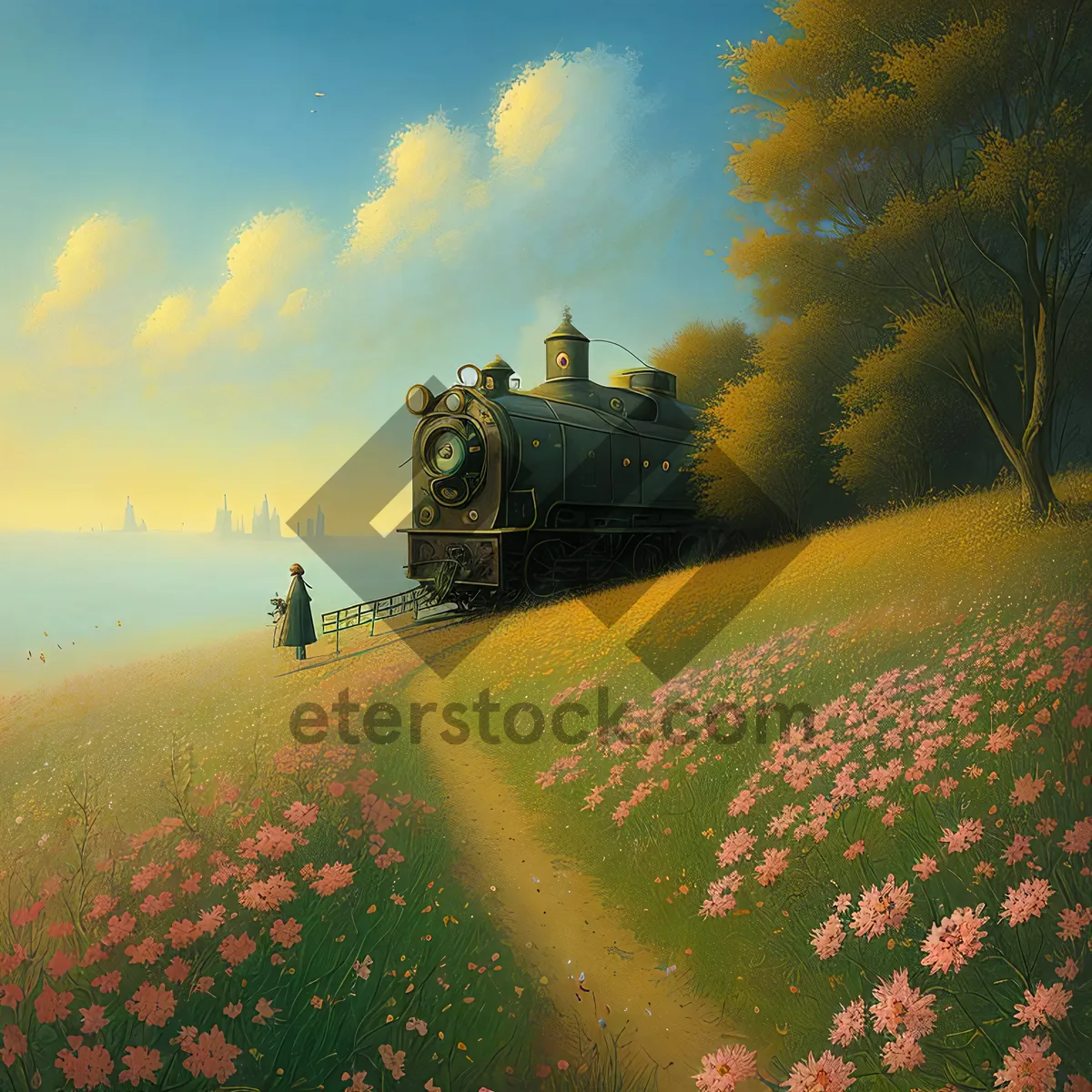 Picture of Sunset over Rural Farm Landscape with Locomotive