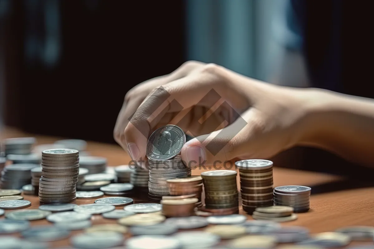 Picture of Stack of coins and dollar bills on table