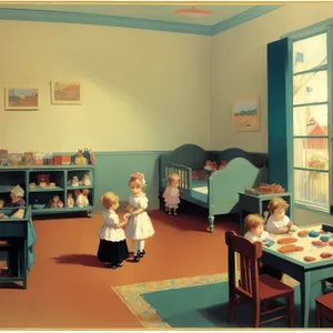 Modern Classroom Interior with Wooden Furniture and Window