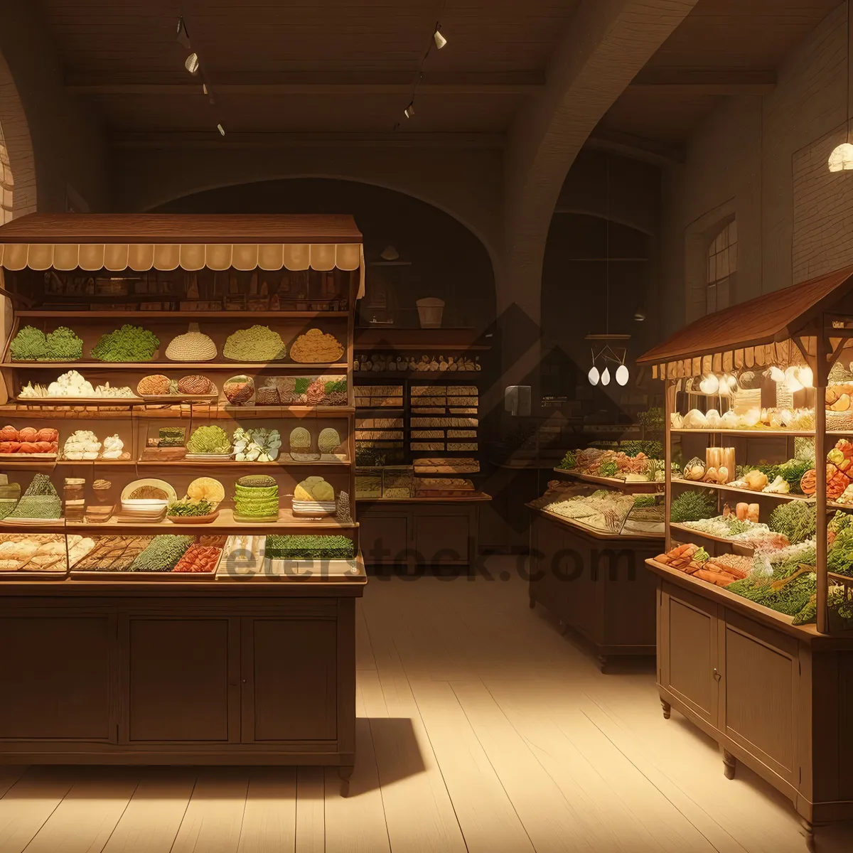 Picture of Modern supermarket interior with counter and tables