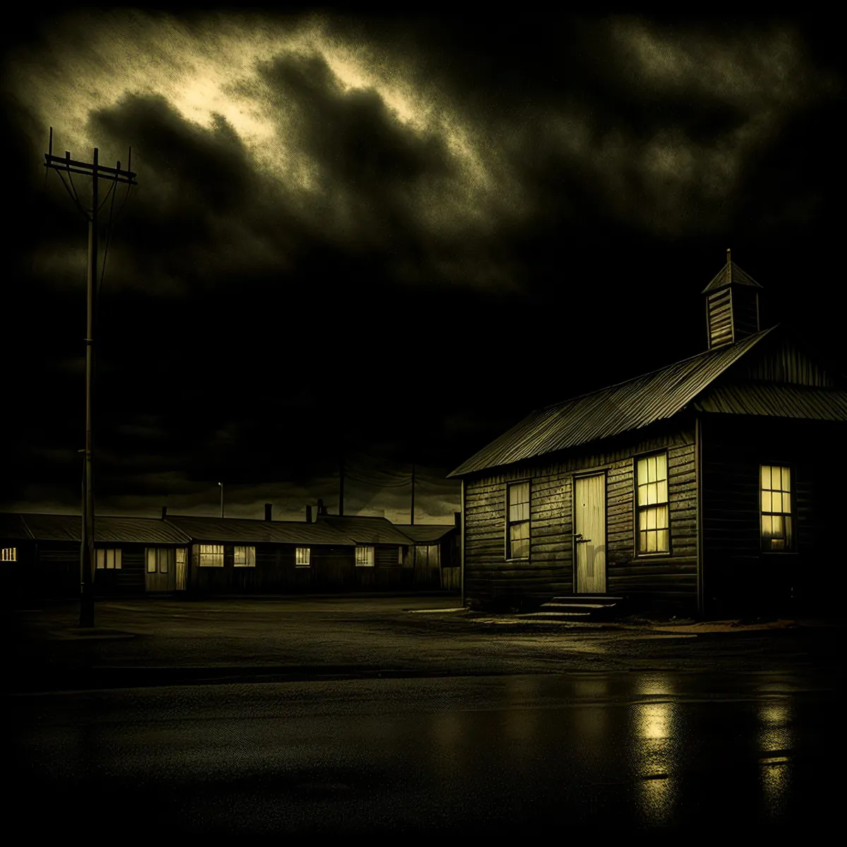 Picture of Riverside Boathouse at Night: Reflective Shelter in Serene Landscape