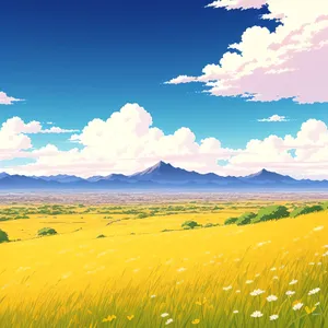 Vibrant countryside meadow under sunny skies