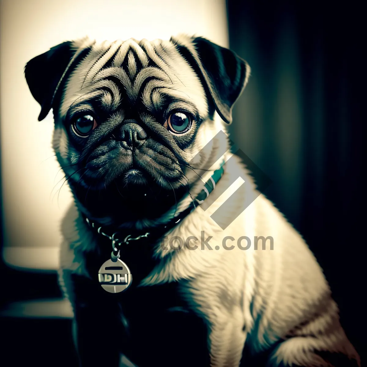 Picture of Obedient Pug - Cute and Funny Bulldog Puppy Sitting in Studio