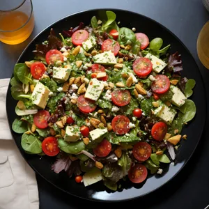 Delicious vegetable salad with grilled meat