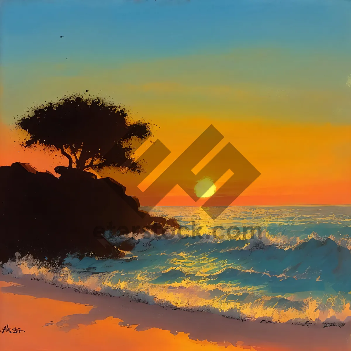 Picture of Golden Sunset Silhouette Reflecting on Ocean Waves