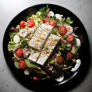 Grilled meat and vegetable salad with tomatoes