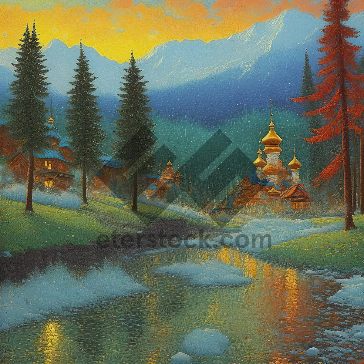 Picture of Sunset over tranquil lake on summer island