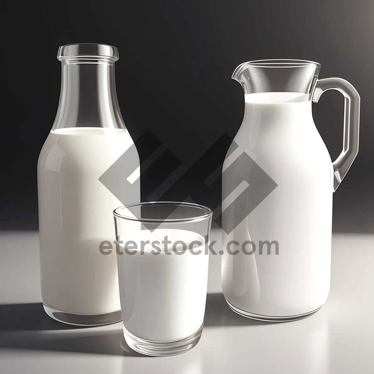 Picture of Transparent glass milk container with liquid inside.