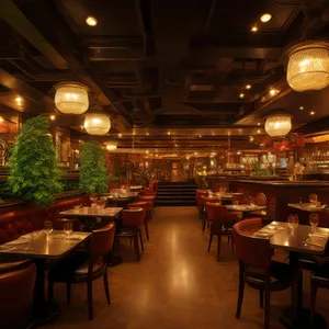Modern restaurant interior with wooden furniture and chairs