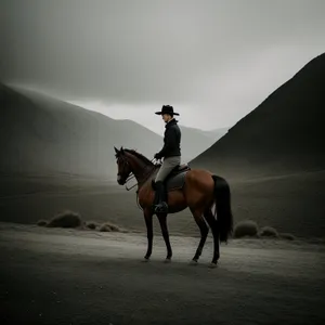 Equestrian Cowboy Riding Horse in Rural Field