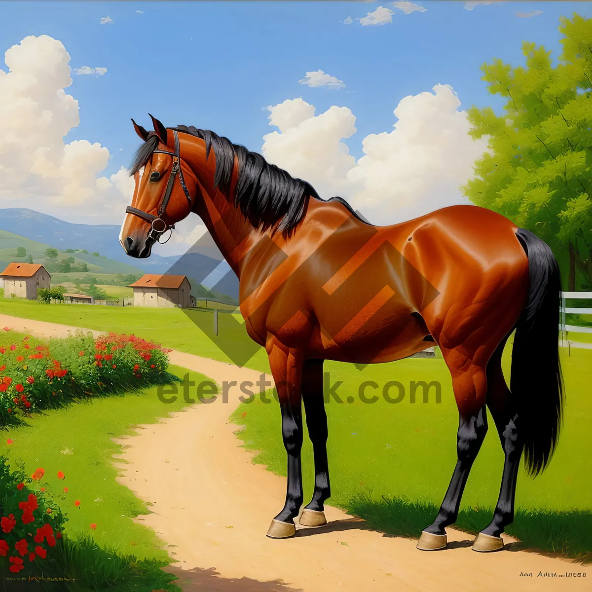 Picture of Thoroughbred Stallion Leading in Rural Equestrian Meadow