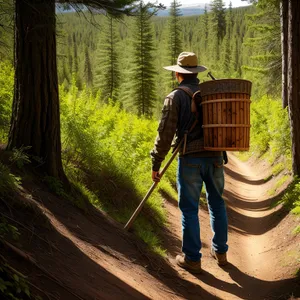 Male farmer hiking with tools in forest.