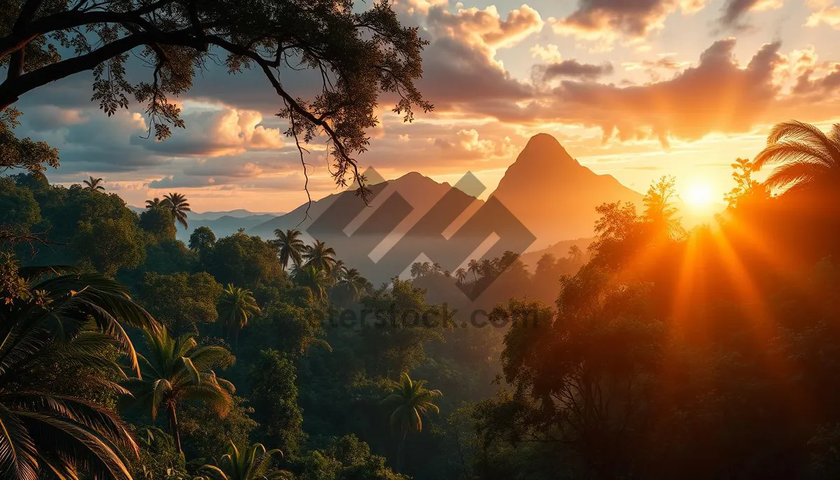 Picture of Orange sunset over forested mountains with starry sky.