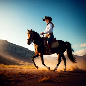 Silhouette sunset: Cowboy riding vaulting horse