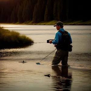 Sunset angler enjoying lake fishing