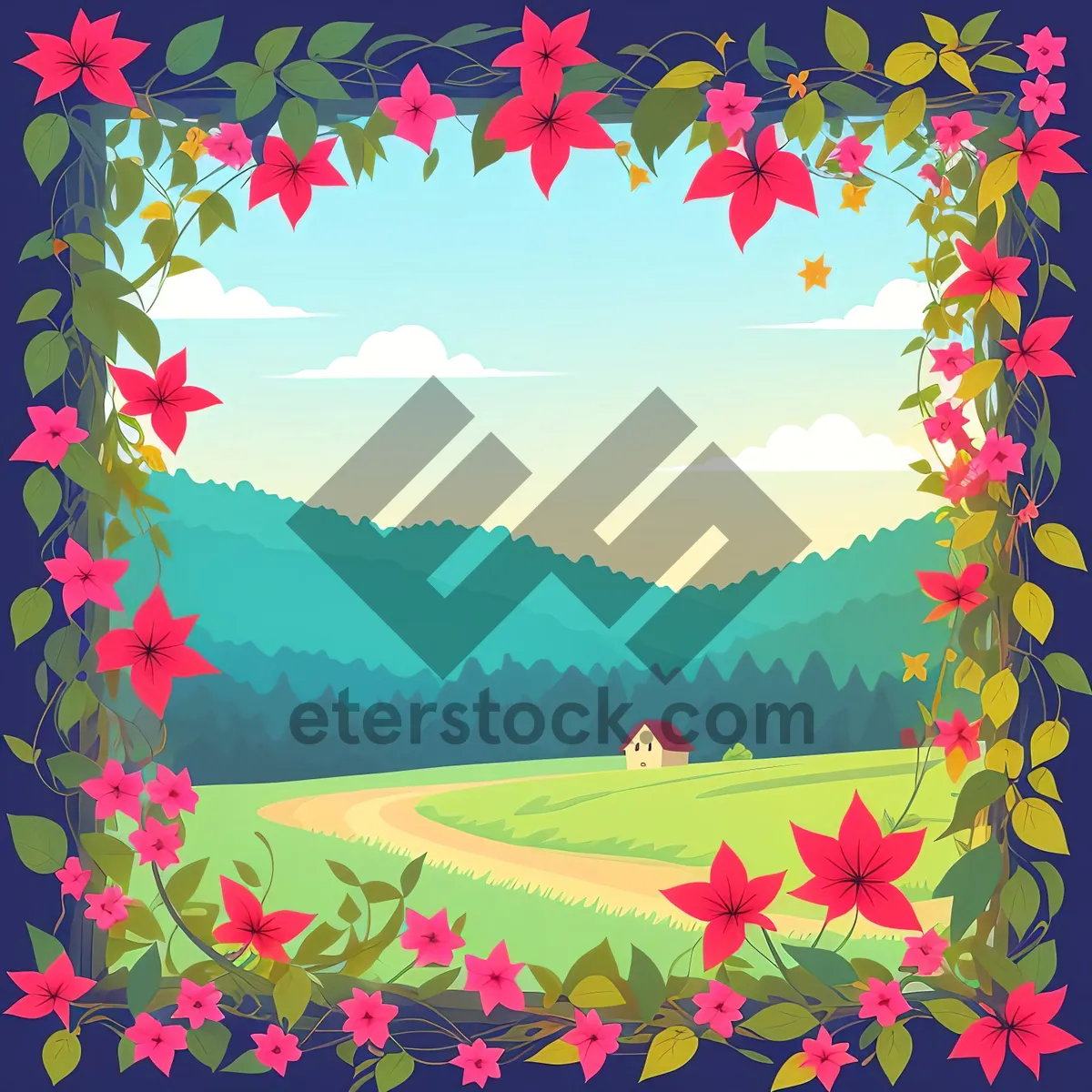 Picture of Winter Wonderland Greeting Card Design with Floral Frame and Star Ornaments