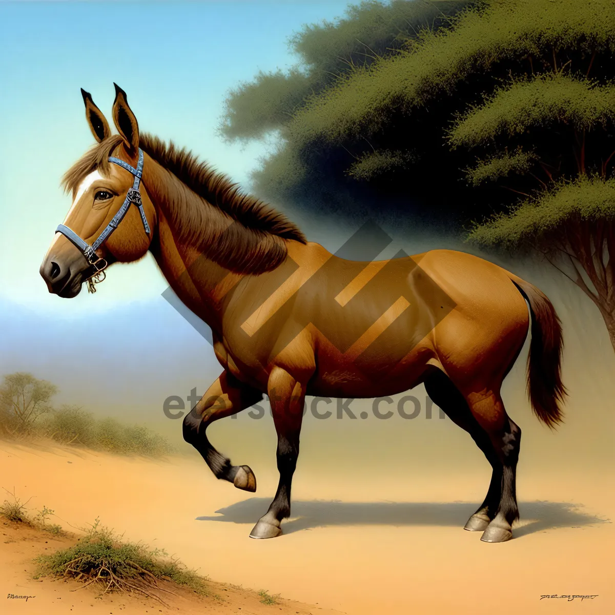 Picture of Majestic Chestnut Stallion Galloping Through Rural Meadow