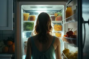 Happy Woman Smiling in Kitchen with Refrigerator