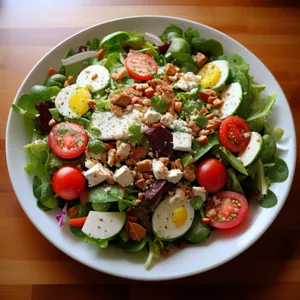 Healthy gourmet salad with fresh vegetables and cheese.