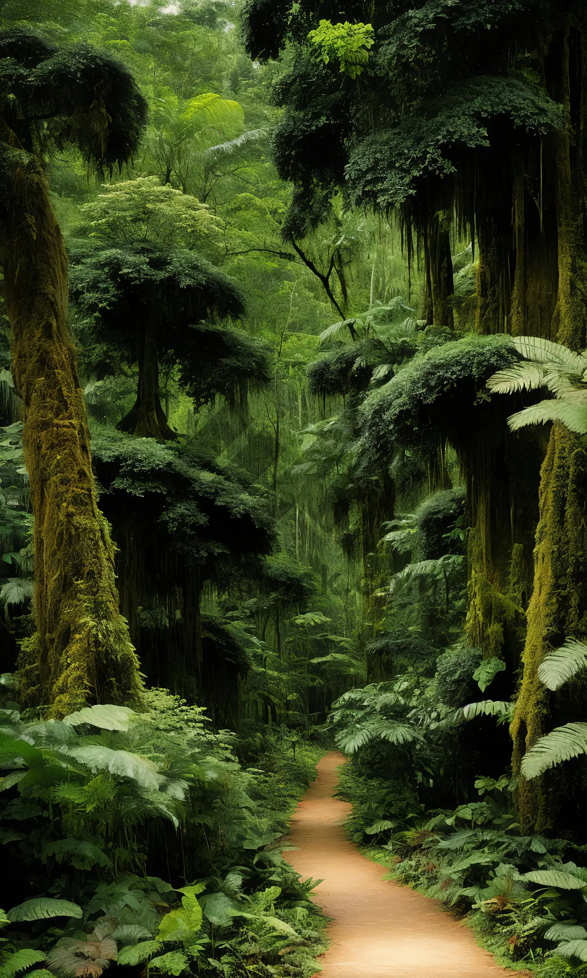 Picture of Tropical forest with lush green trees and ferns