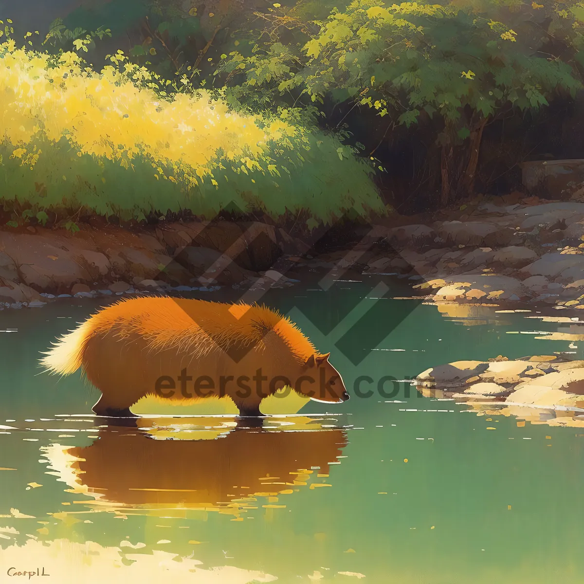 Picture of Tranquil Umbrella: Hippopotamus Seeking Shelter by the Lake