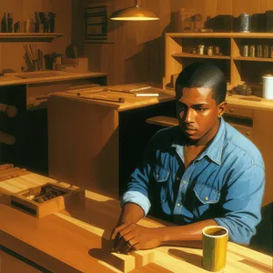 Smiling businessman working on laptop in office