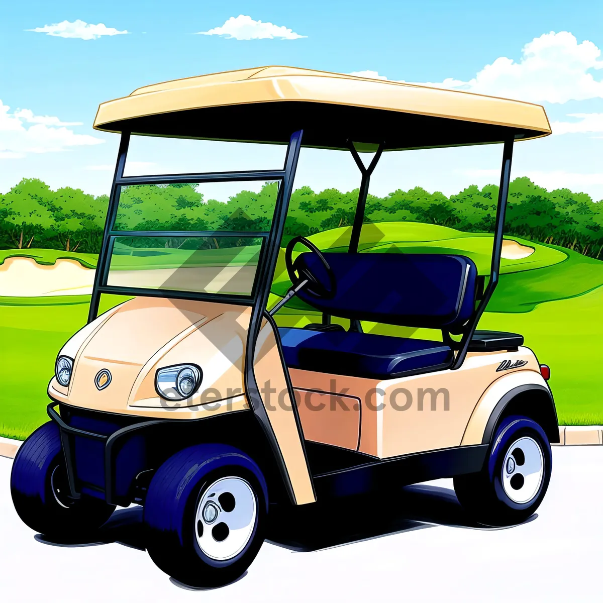 Picture of Sporty Golfer Behind the Wheel on Golf Course