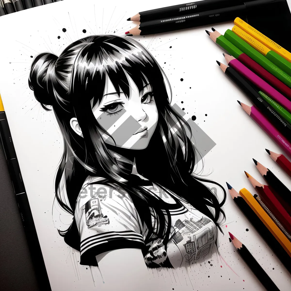 Picture of Colorful drawing supplies on wooden desk in office