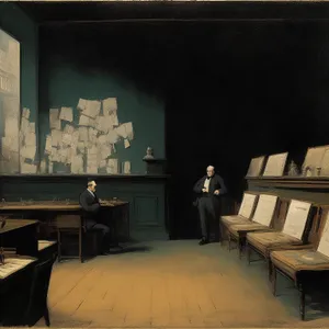 Vintage classroom with wooden tables and chairs