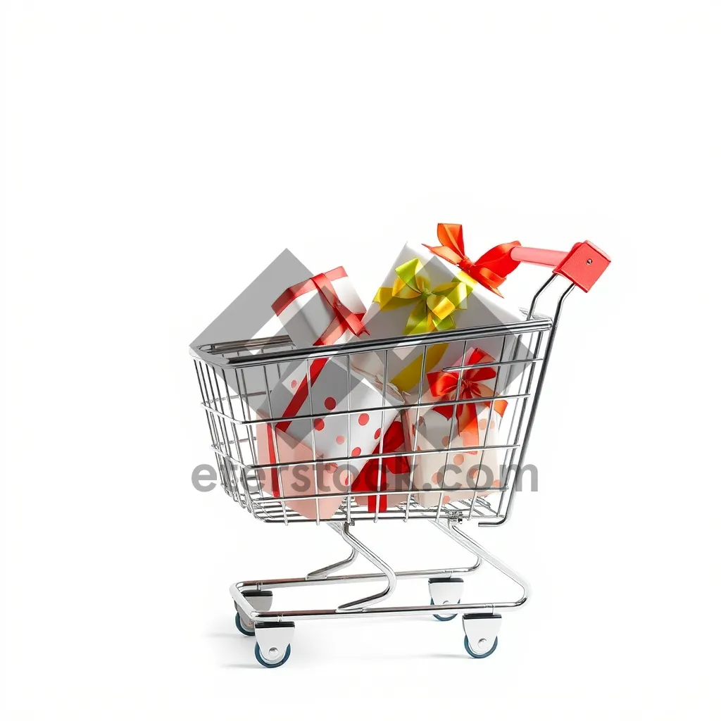 Picture of 3D shopping cart with metal wheels at supermarket.