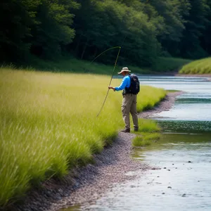 Serene River Reflection with Fisherman