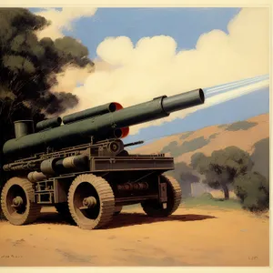 Powerful artillery weapon dominates sky in battle.