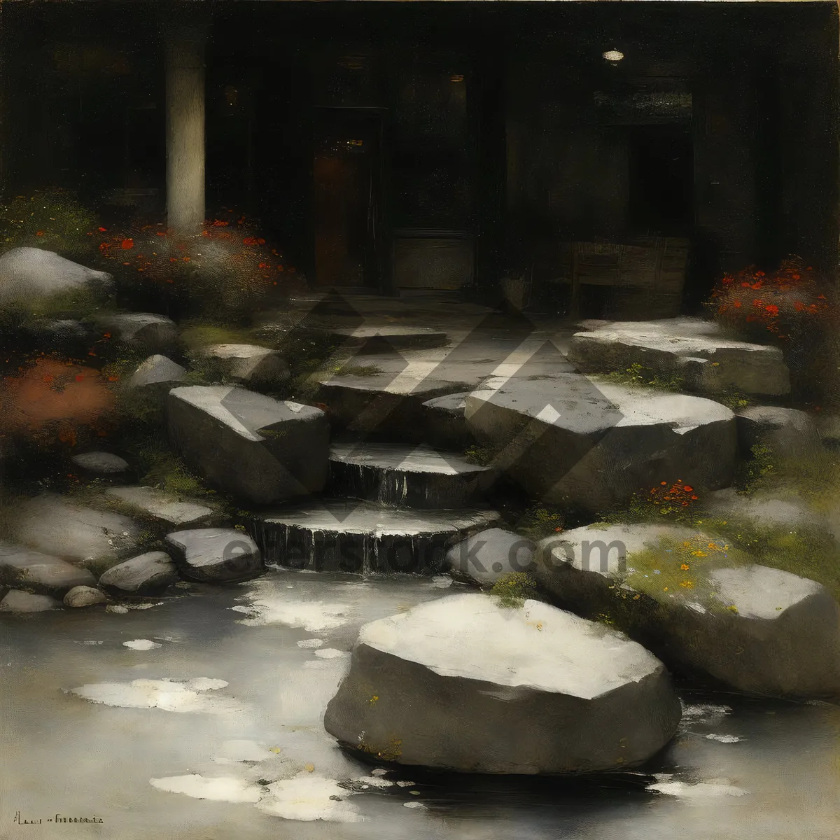 Picture of River waterfall wok cooking with rocks landscape.