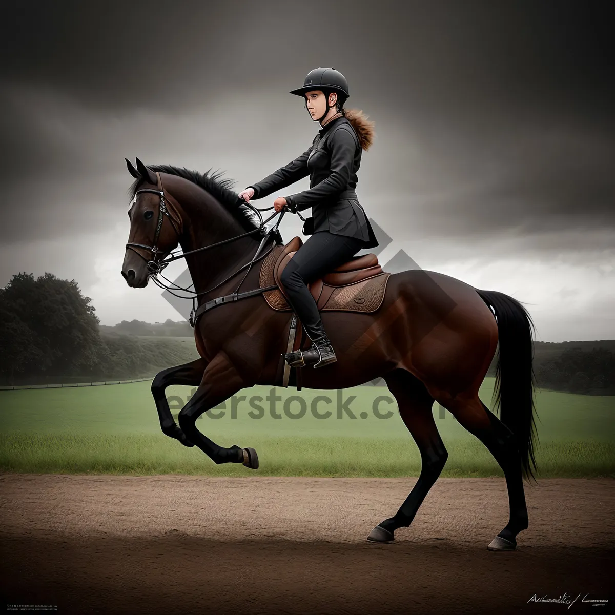 Picture of Equestrian Rider with Polo Mallet on Horseback.