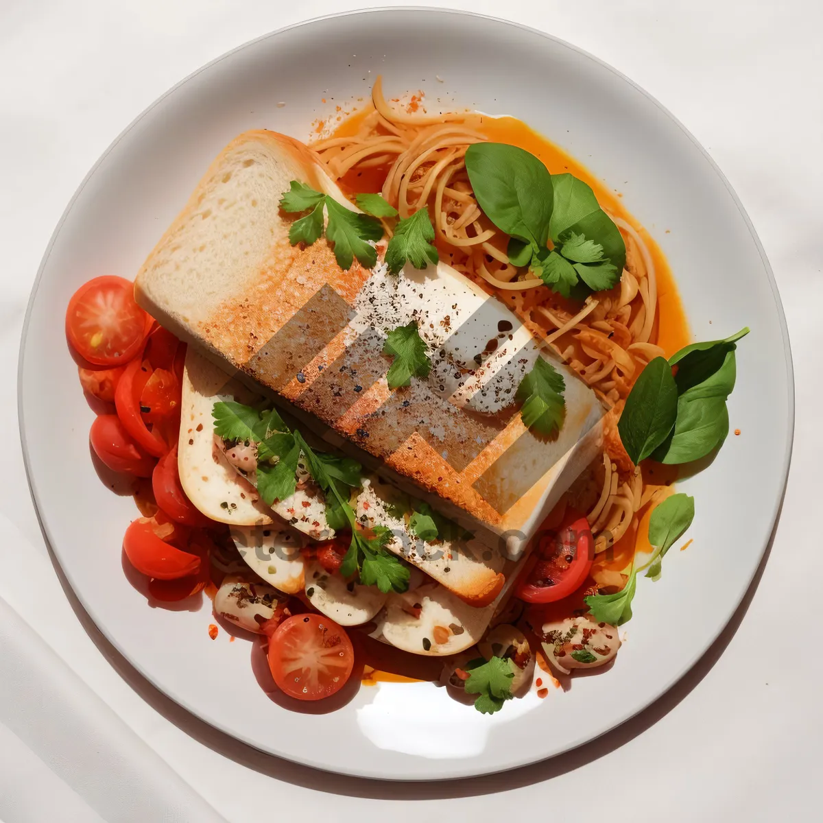 Picture of Gourmet Vegetable Plate with Grilled Pork and Tomatoes