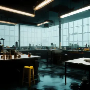 Modern cafeteria interior design with wooden furniture and chairs.