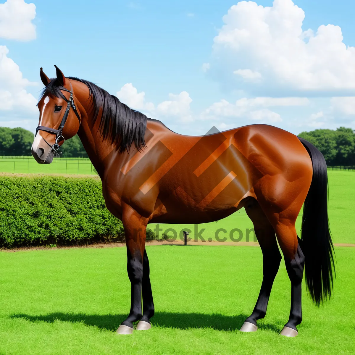 Picture of Stunning Chestnut Stallion Galloping in Summer Meadow