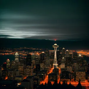 Nighttime Urban Skyline with Glowing Skyscrapers