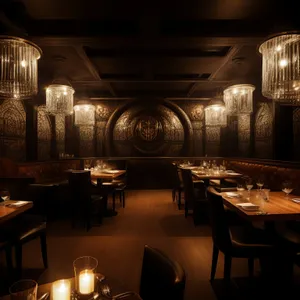 Modern restaurant interior with stylish wooden furniture and lighting.