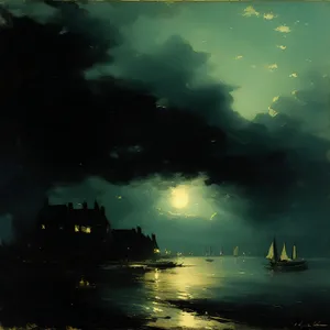 Sunset Beach Vessel on Ocean Landscape
