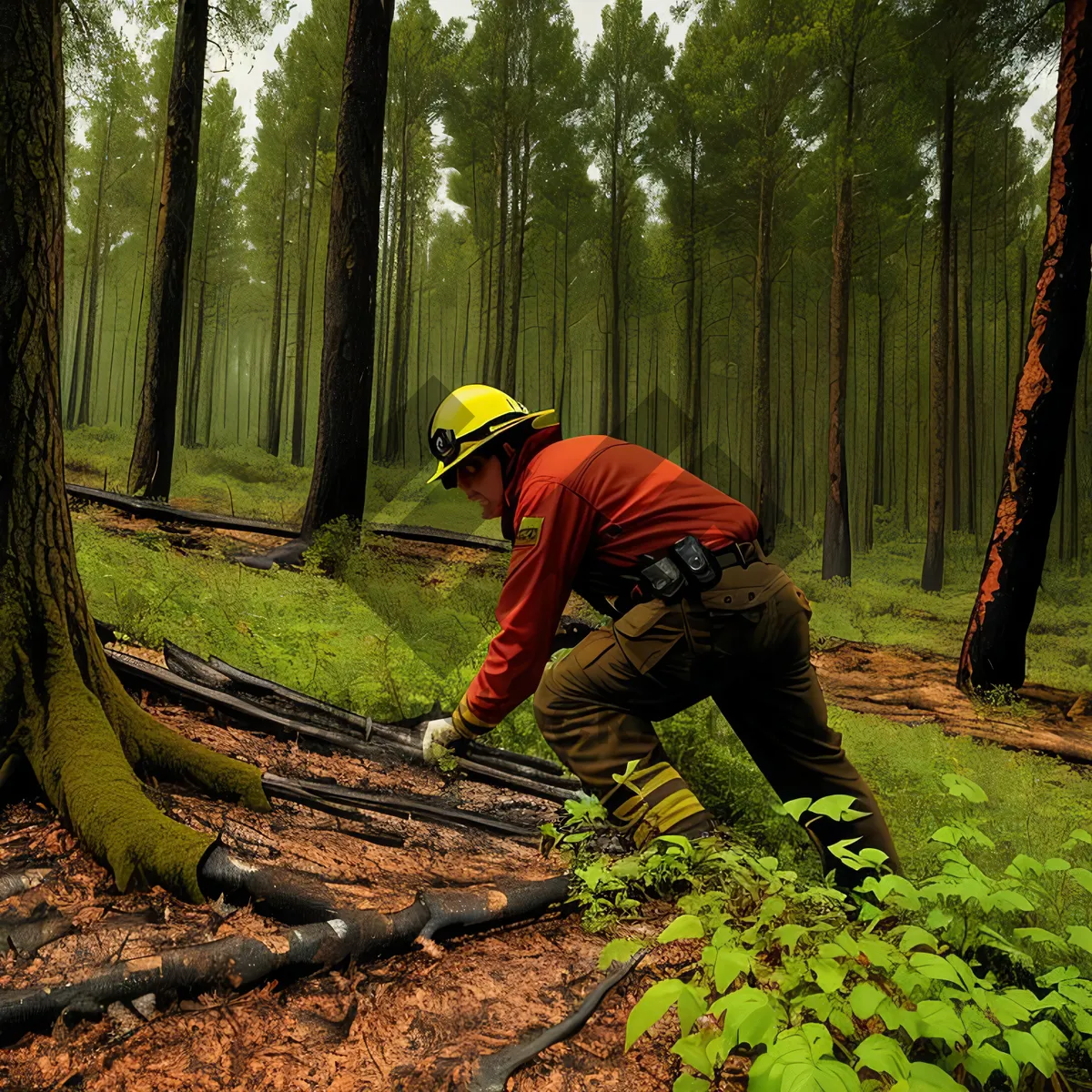 Picture of Forest Farmer Using Powerful Chainsaw in Woods