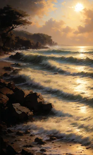 Sunset over ocean waves on scenic beach coast.