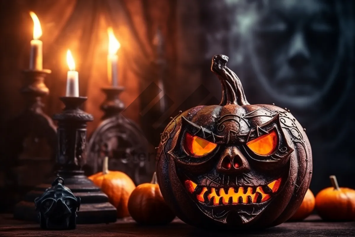 Picture of Spooky Jack O Lantern at night with candlelight glow